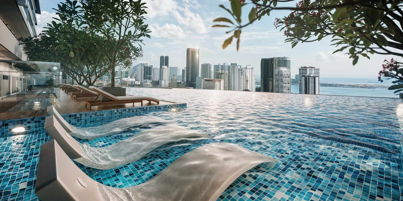 Artist impression of the Lumina Residences infinity pool overlooking the Penang city skyline