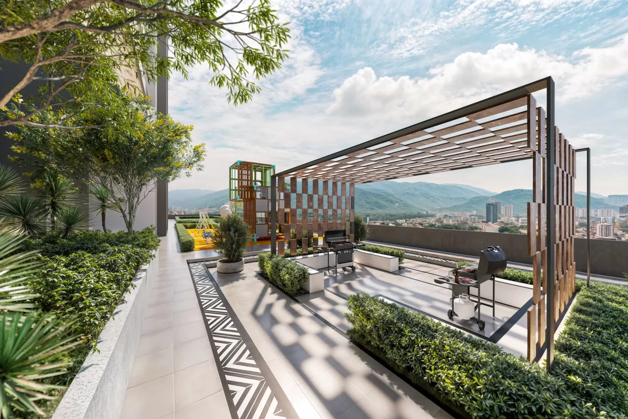 Artist impression of the Lumina Residences rooftop barbecue terrace with landscaped seating