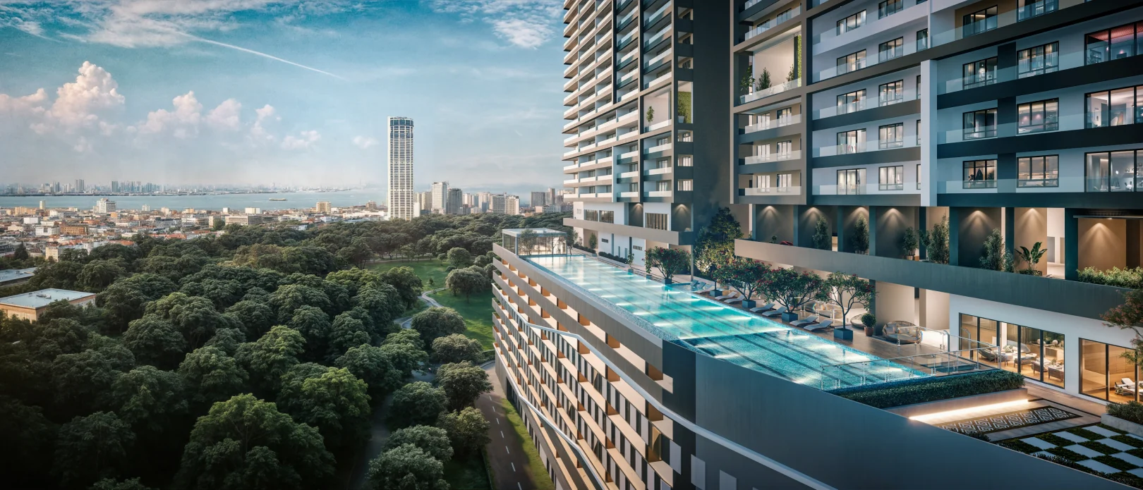 Aerial view of Lumina Residences towers and pool deck