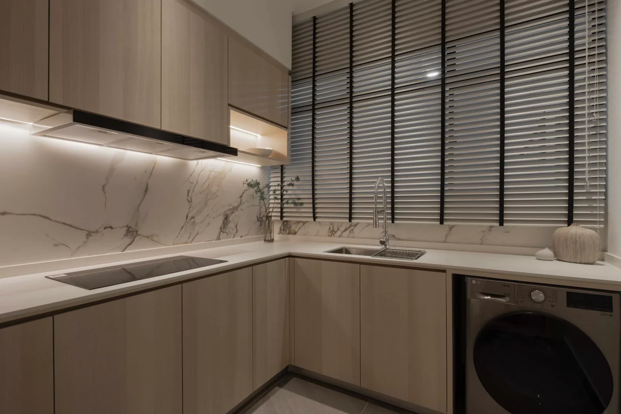 Actual showroom photograph of the Lumina Residences kitchen with contemporary cabinetry