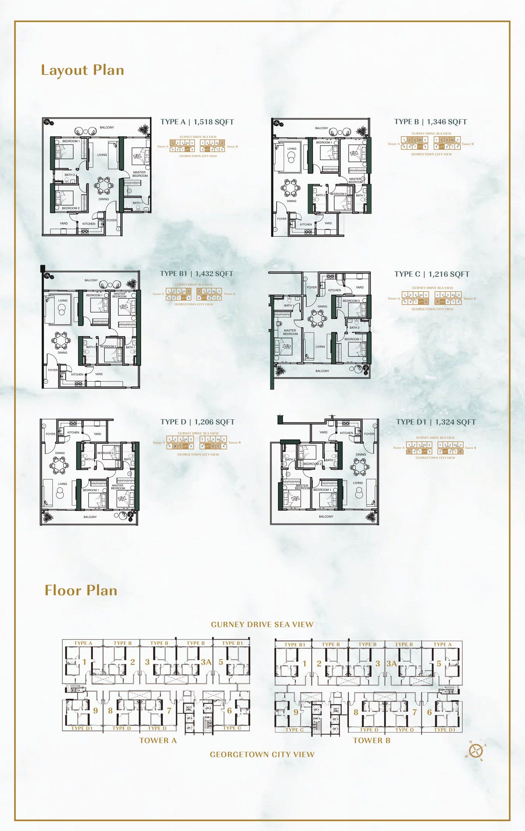Brochure sheet showing Lumina Residences tower layout and six unit floor plans
